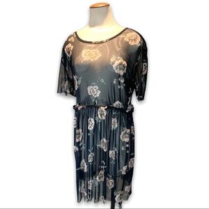 Be. You. tifull Black Mesh Midi Dress Women's Large Flower Prints Short Sleeves